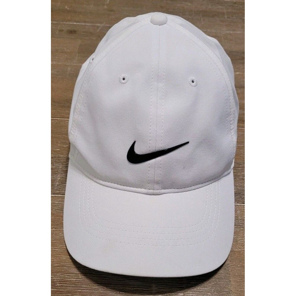 White Nike Dri-Fit Club Cap M/L Adjustable Hat MAX ATLAS Snapback Black Swoosh